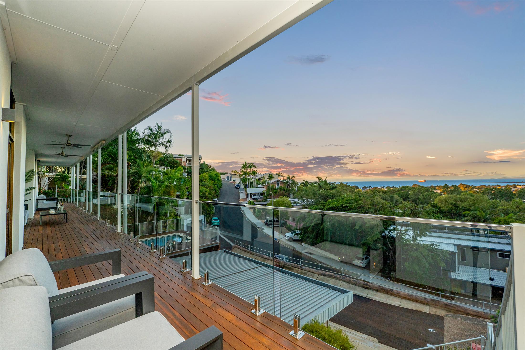 The 25-metre balcony at dusk, looking out over Cleveland Bay
